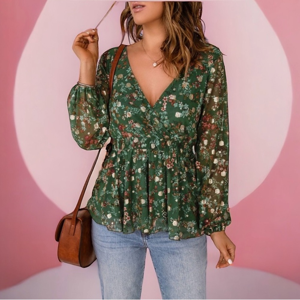 Green Boho Floral V-Neck Top featuring Long Sleeves and Shirred Ruffled Hem